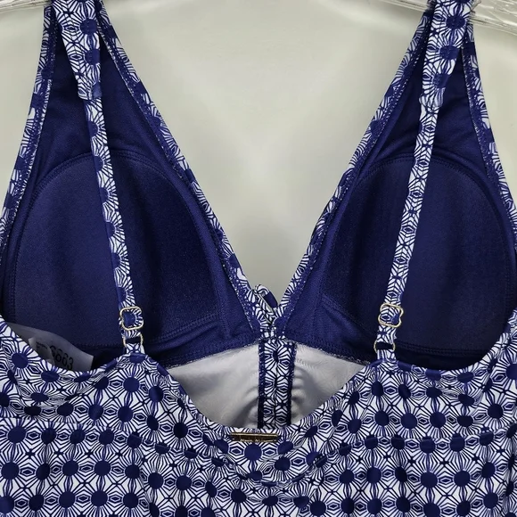 ❤️Nicole Miller Ruched Swim Tank Top S Blue White Nautical Adjustable Straps - Picture 4 of 7